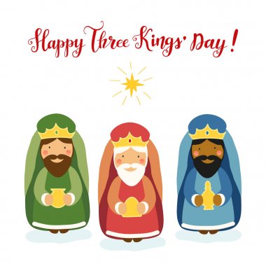 Cute Three Kings Day card with hand drawn characters clipart