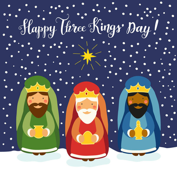 Cute Three Kings Day card with hand drawn characters
