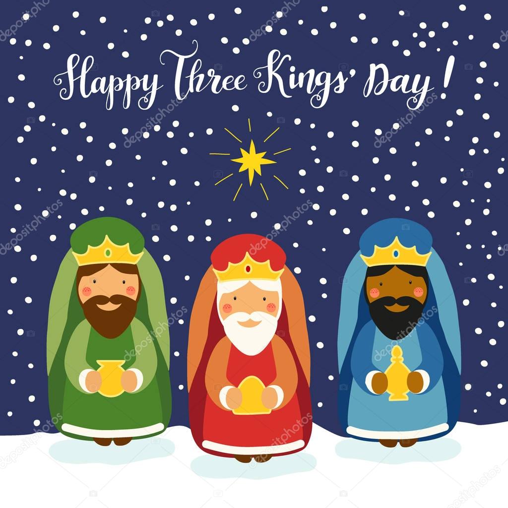 Cute Three Kings Day card with hand drawn characters