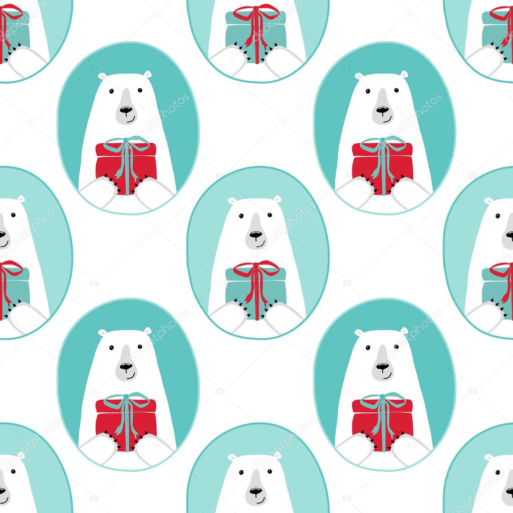 Cute Christmas and New Year seamless pattern with polar bear and present box