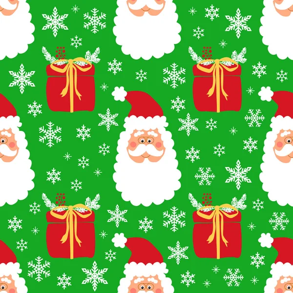 Śliczne zimowe dziecinna wzór ręką rysowane elementy Boże Narodzenie Santa Claus twarz, pudełka i płatki śniegu — Wektor stockowy