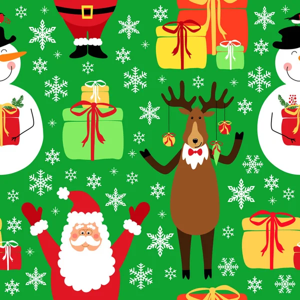 Söt vinter barnslig sömlösa mönster med hand dras jul seriefigurer som Santa Claus, renar och snögubbe — Stock vektor
