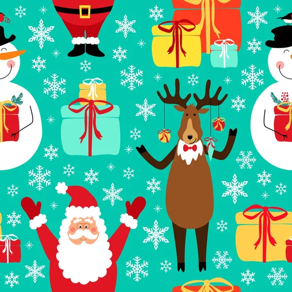 Cute winter childish seamless pattern with hand drawn Christmas cartoon characters as Santa Claus, Reindeer and Snowman — Stock Vector
