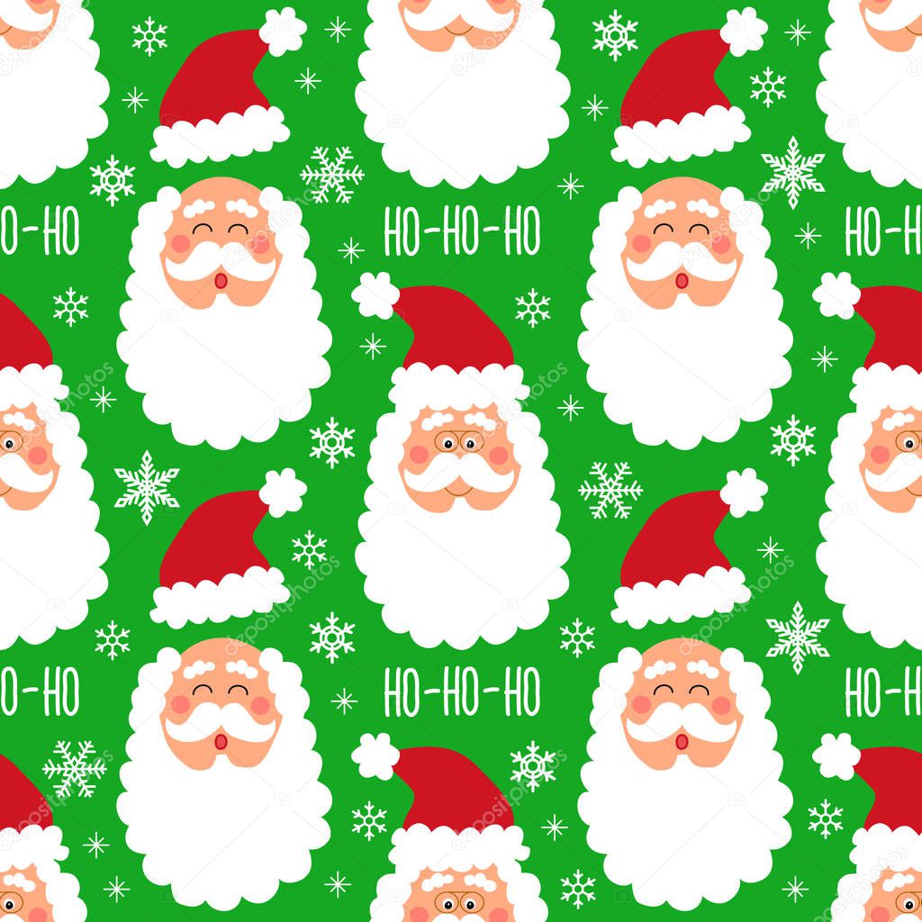 Cute childish winter seamless pattern with hand drawn Christmas elements as Santa Claus face and snowflakes background