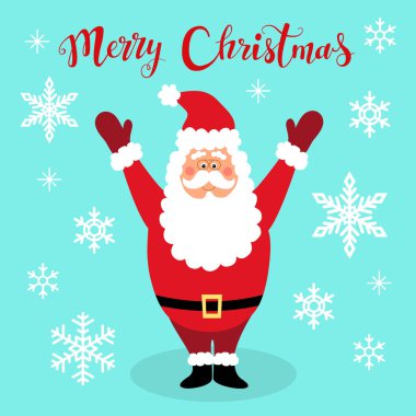 Elle çizilmiş çizgi film karakteri Noel Baba, kar taneleri ve yazı ile sevimli Noel tebrik kartı