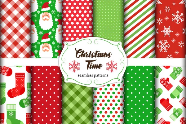 Set van 12 schattige naadloze Christmas Time patronen met traditionele versieringen — Stockvector