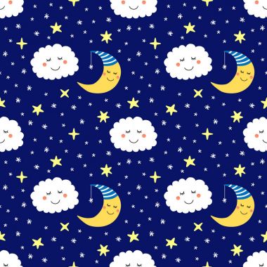 Ay, yıldızlar ve bulutlar uyku komik çizgi film karakterleri ile şirin seamless modeli