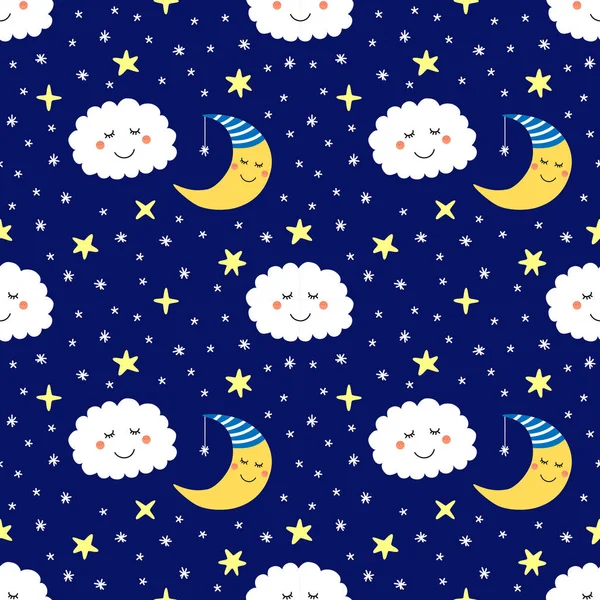 Mignon motif sans couture avec des personnages de dessins animés drôles de lune endormie, étoiles et nuages — Image vectorielle