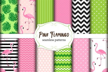 Şirin pembe flamingo tropikal titreşimler dizisi kusursuz desenler. Vektör illüstrasyonu.