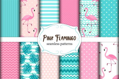 Şirin pembe flamingo tropikal titreşimler dizisi kusursuz desenler. Vektör illüstrasyonu.