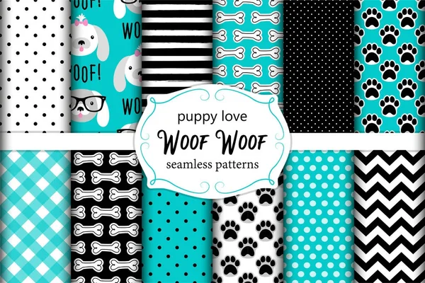 Cute set of seamless patterns with hand drawn cartoon characters of dog, footprints and bones — Stock Vector