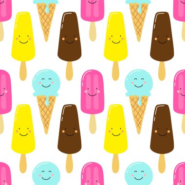 Komik çizgi film karakterleri dondurma pembe yanaklar ve beyaz arka plan üzerinde kırpışan gözleri ile şirin seamless modeli