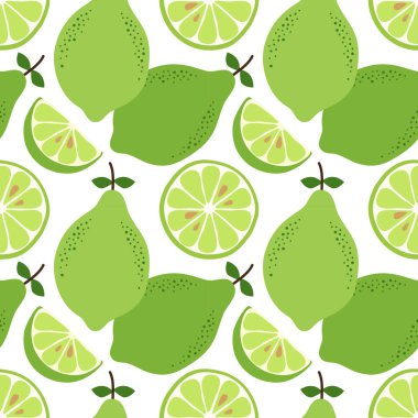 Şirin el çekilmiş seamless modeli kireç narenciye meyve ve beyaz arka plan üzerinde izole dilimleri ile