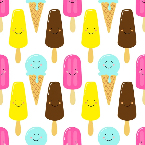 Komik çizgi film karakterleri dondurma pembe yanaklar ve beyaz arka plan üzerinde kırpışan gözleri ile şirin seamless modeli