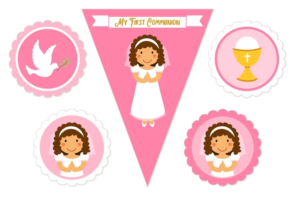 Lindo conjunto de elementos imprimibles para Primera Comunión para niñas — Vector de stock