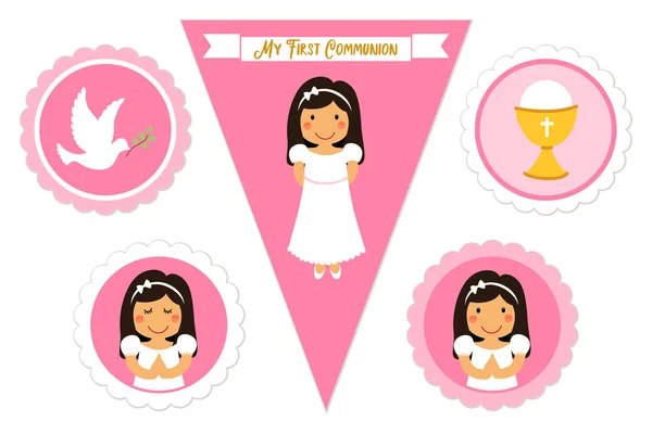 Lindo conjunto de elementos imprimibles para Primera Comunión para niñas — Vector de stock