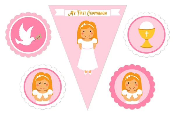Cute set of printable elements for First Communion for girls — Stock Vector