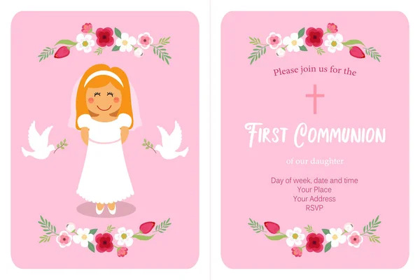 Carte de première communion mignonne pour les filles — Image vectorielle