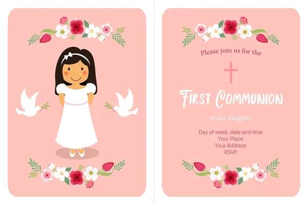 Carte de première communion mignonne pour les filles — Image vectorielle