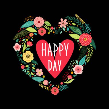 Şirin vintage Sevgililer günü sembolü rustik el olarak ilk bahar çiçekleri kalp şeklinde çizilmiş.