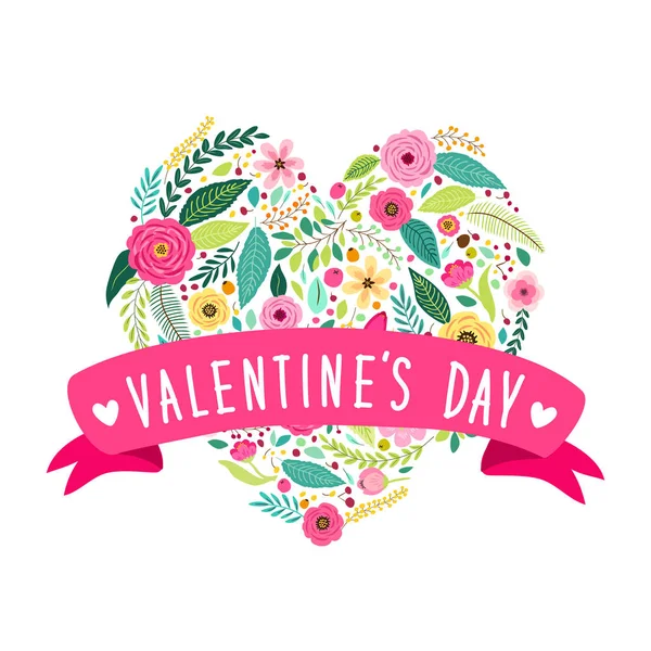 かわいいヴィンテージ素朴な手としてバレンタインの日シンボルはハートの形で最初の春の花を描画 — ストックベクタ