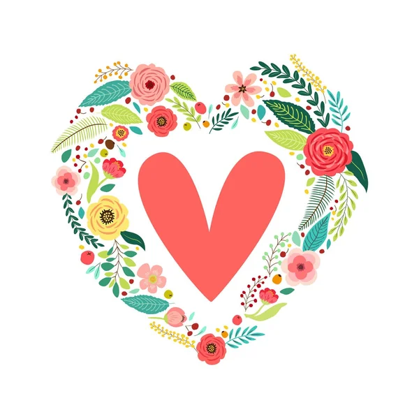 Cute vintage Valentines Day symbol as rustic hand drawn first spring flowers in heart shape — Stock Vector
