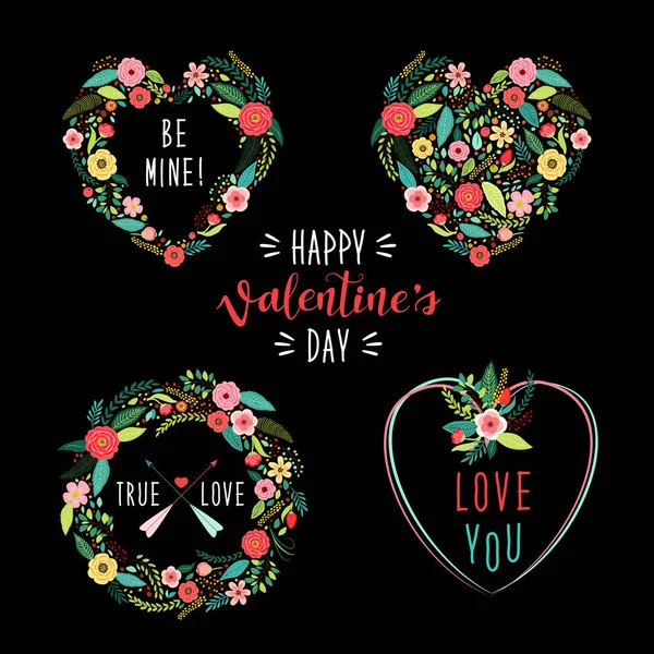 Mignon vintage Valentines Day cadres comme rustique dessiné à la main premières fleurs de printemps en forme de coeur — Image vectorielle
