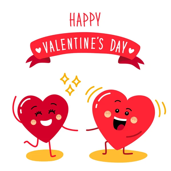 Aranyos Valentin-nap üdvözlőlapot vicces rajzfilm karaktert emoji szívek — Stock Vector