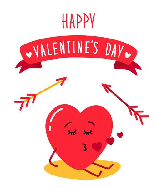Bonita tarjeta de San Valentín de vacaciones con divertido personaje de dibujos animados de corazones emoji — Vector de stock