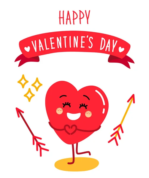 Cute holiday Valentines day card with funny cartoon character of emoji hearts — Stock vektor