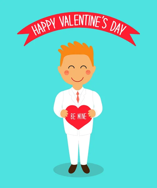 Schattig Valentijnsdag kaart met grappige stripfiguren van liefdevolle jongen met hart in handen — Stockvector