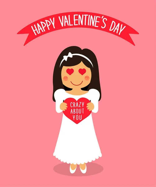 Bonito cartão de Dia dos Namorados com caráter engraçado dos desenhos animados da menina amorosa com o coração nas mãos — Vetor de Stock