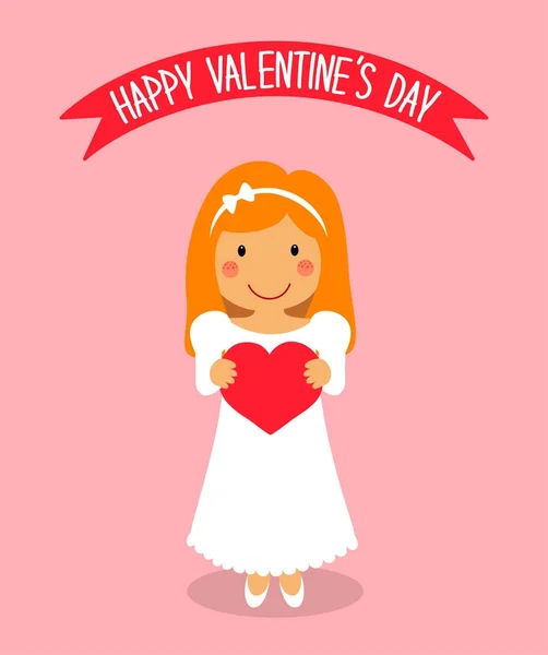 Şirin Sevgililer günü kartı elinde kalp ile seven kız komik karikatür karakteri olan — Stok Vektör
