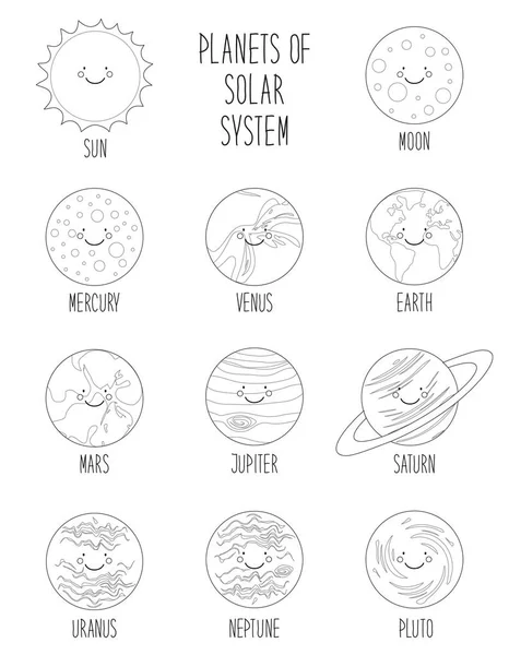 Милі розмальовки усміхнених мультиплікаційних персонажів планет Сонячної системи. Дитячий фон — стоковий вектор