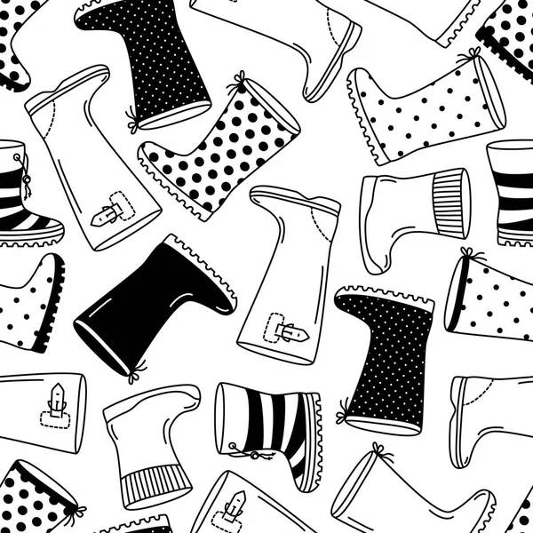 Mignon modèle sans couture avec des bottes en caoutchouc dessinées à la main monochrome — Image vectorielle