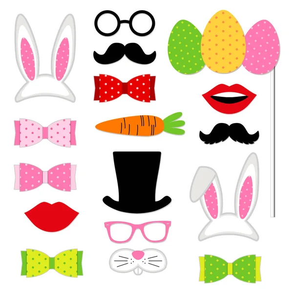 Cabina de fotos de Pascua lindo accesorios como conjunto de elementos gráficos de fiesta de traje de conejito de Pascua como máscara, orejas, huevos, zanahoria, etc. — Vector de stock