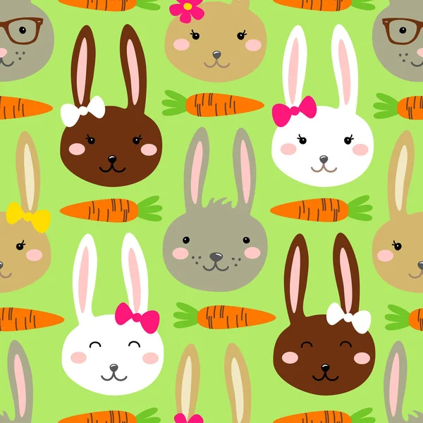 Lindo diseño de patrón sin costuras de Pascua con divertidos personajes de dibujos animados de conejos — Vector de stock