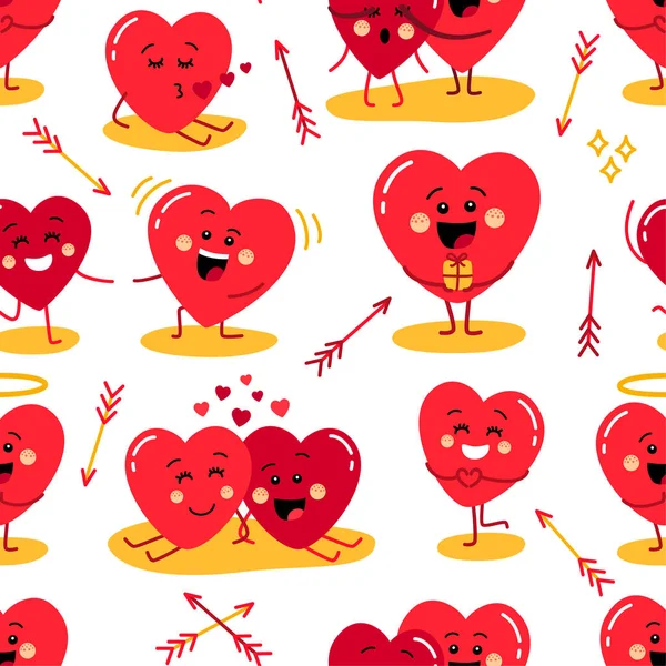 Lindo patrón sin costuras de vacaciones San Valentín divertido personajes de dibujos animados de corazones emoji — Vector de stock