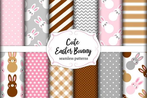 Cute set of Easter seamless patterns design with funny cartoon characters of bunnies — Stock Vector