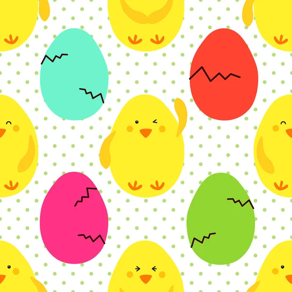 Lindo patrón sin costura de Pascua dibujado a mano infantil con pequeños pollitos amarillos emoji y huevos sobre fondo de lunares — Vector de stock