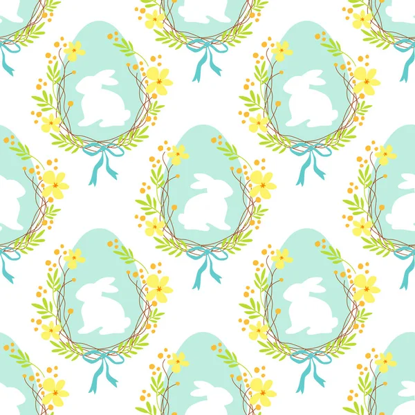 Niedliche rustikale Hand gezeichnet Ostern nahtlose Muster mit Kranz aus Frühlingsblumen, Ei und Hase — Stockvektor