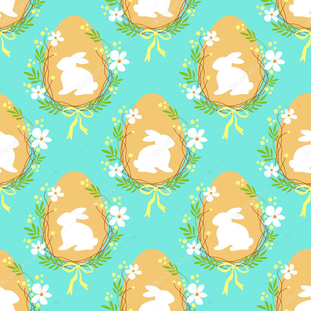 Cute rustic hand drawn Easter seamless pattern with wreath of spring flowers, egg and bunny