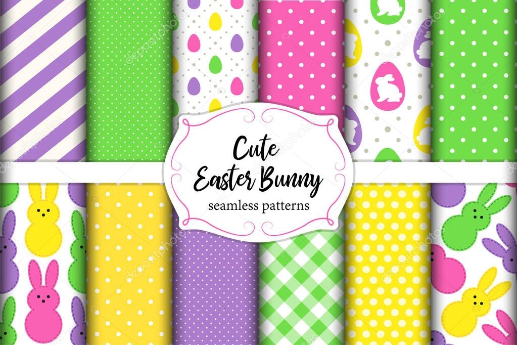 Cute set of Easter seamless patterns design with funny cartoon characters of bunnies