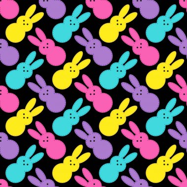 Bunnies 80s ve 90s stil neon renklerde, komik çizgi film karakterleri ile şirin Paskalya Dikişsiz desen tasarım