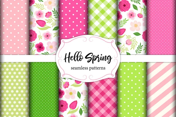 Verzameling van cute naadloze Hello Spring patronen met primitieve bloemen, stippen, strepen en plaid — Stockvector