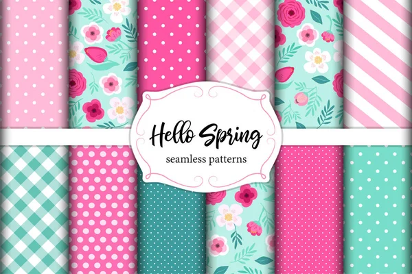 Set di simpatici modelli Hello Spring senza cuciture con fiori primitivi, pois, strisce e plaid — Vettoriale Stock