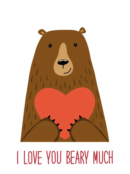 Carino retrò mano disegnato biglietto di San Valentino come divertente Orso con cuore e citazione I Love You Beary Molto — Vettoriale Stock
