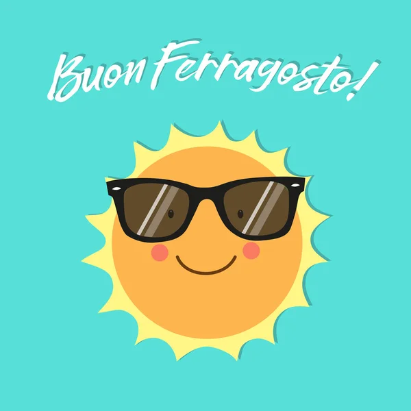 Buon Ferragosto italian semester kort som söt hand dras leende seriefigur av solen — Stock vektor