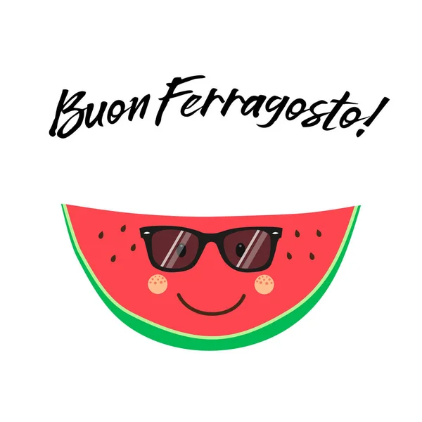 Leuke kaart Buon Ferragosto Italiaanse zomervakantie als grappige hand getrokken stripfiguur van watermeloen — Stockvector