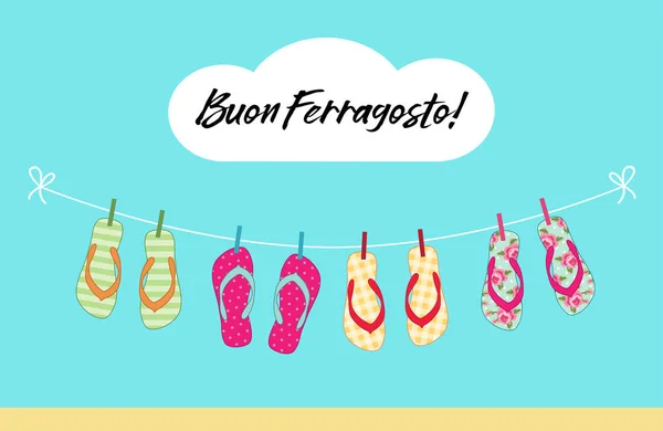 Şirin renkli yaz banner Ferragosto için İtalyan yaz tatili ile flip flop ipe asılı — Stok Vektör